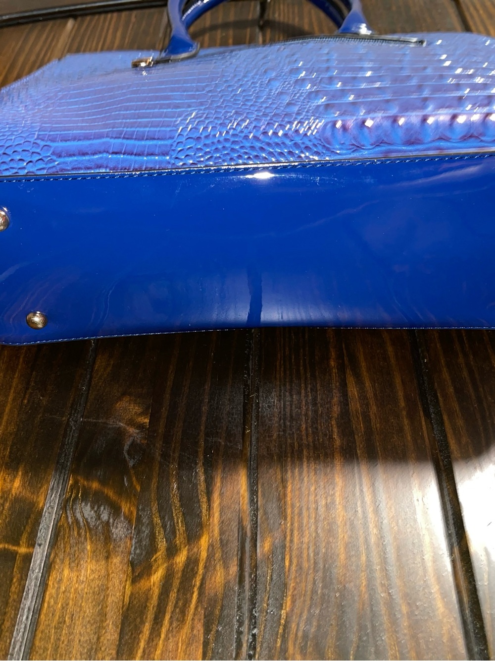 Blue Crocodile-Embossed Patent Tote Bag with Lock Accent - Picture 5 of 12